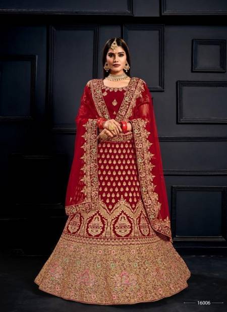 Red Colour Latest Designer Heavy Velvet Wedding Wear Stone Dori And Thread Work Bridal Lehenga Choli Collection 16006 Catalog